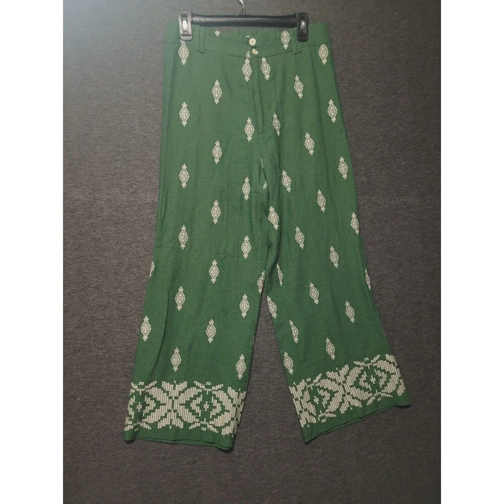 Zara Large pants linen embroidered geometric zip wide leg pockets green